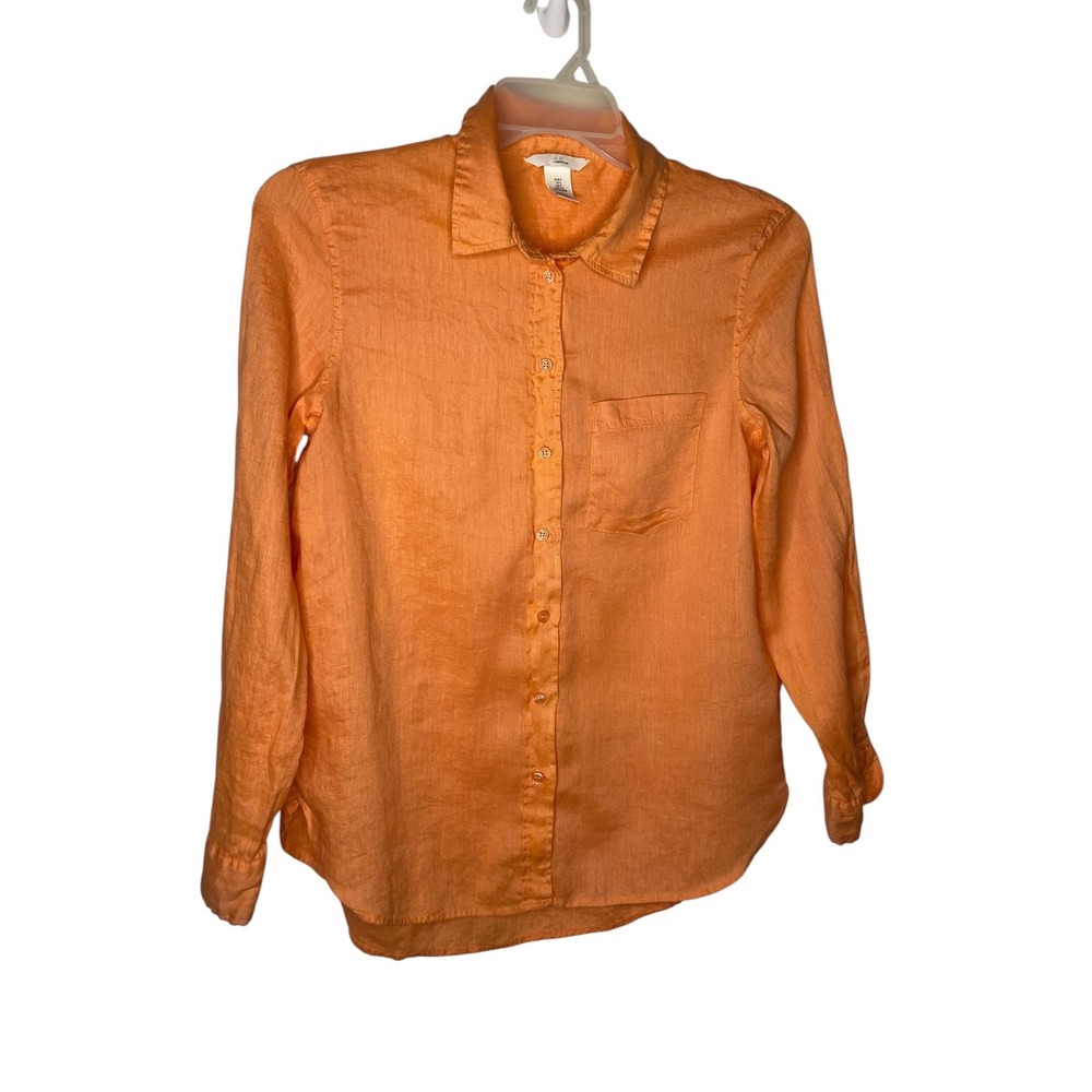 H&M Womens Orange Sherbet 100% Linen Long Sleeve Button Down Shirt Size Small